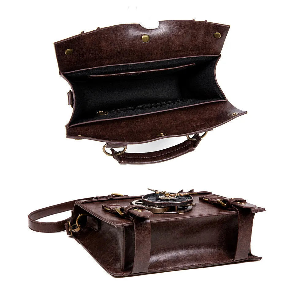 Bronze steampunk pillow shoulder bag with metal hardware on a textured PU leather surface.