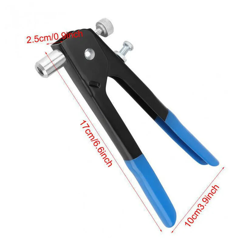Manual riveter nut set with alloy steel construction, interchangeable nosepieces, and organised components in storage case