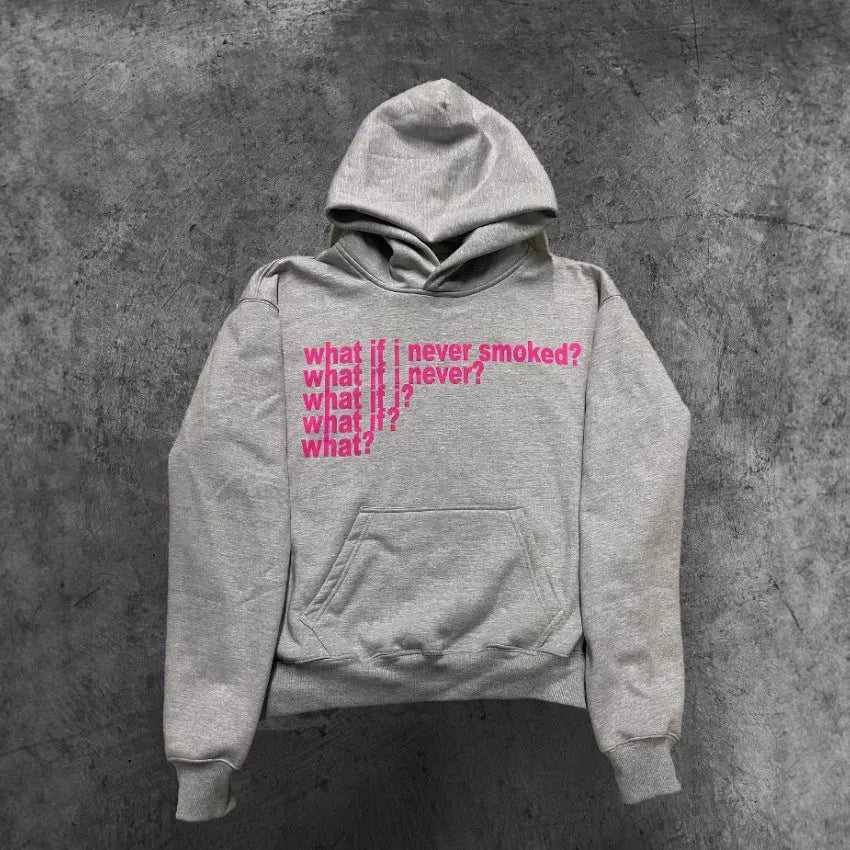 A black heavy hooded sweater with a large letter print on the front, showing a regular sleeve and hood.