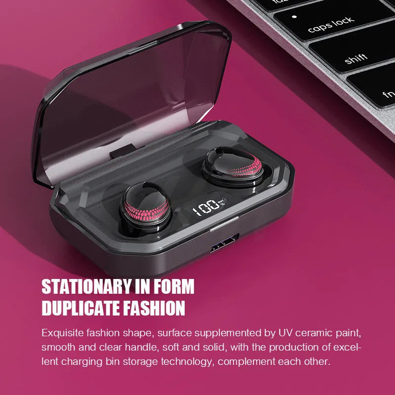 Black X10 wireless Bluetooth earbuds and their rectangular charging case on a white background.