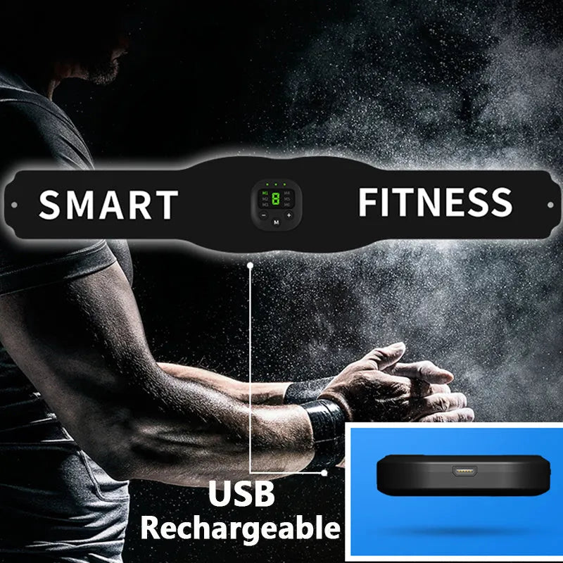 Black fitness belt muscle stimulator with 60x10.5cm PU leather belt sticker, ASS resin host and USB data cable
