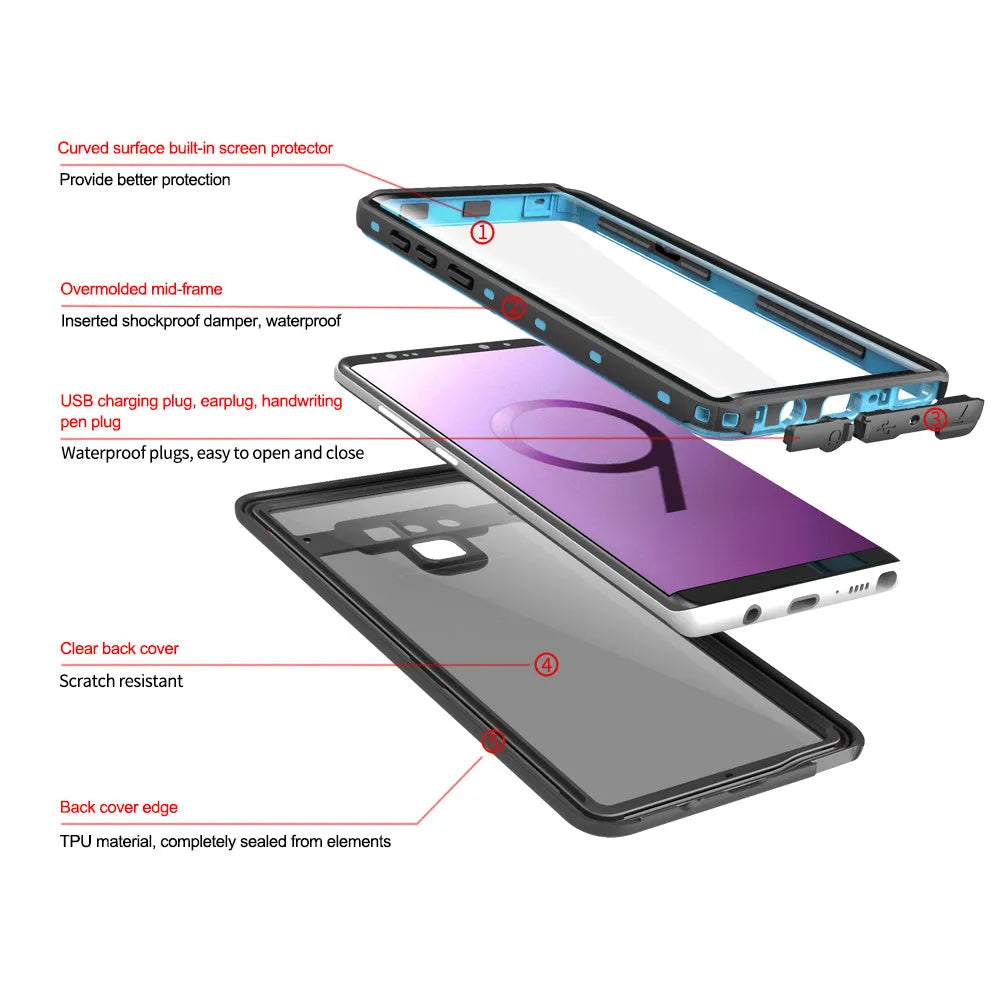 Transparent Samsung Galaxy phone case with IP68 waterproof and shockproof protection in light blue colour