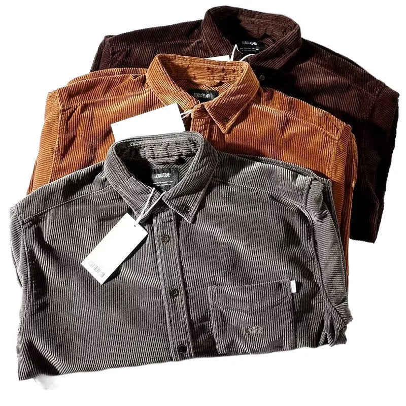 Men's caramel corduroy Japanese style loose cardigan shirt on hanger
