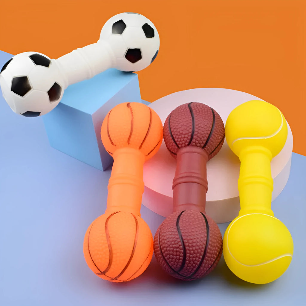 Brown, orange, white and yellow PVC football dumbbell dog toy with squeaker.