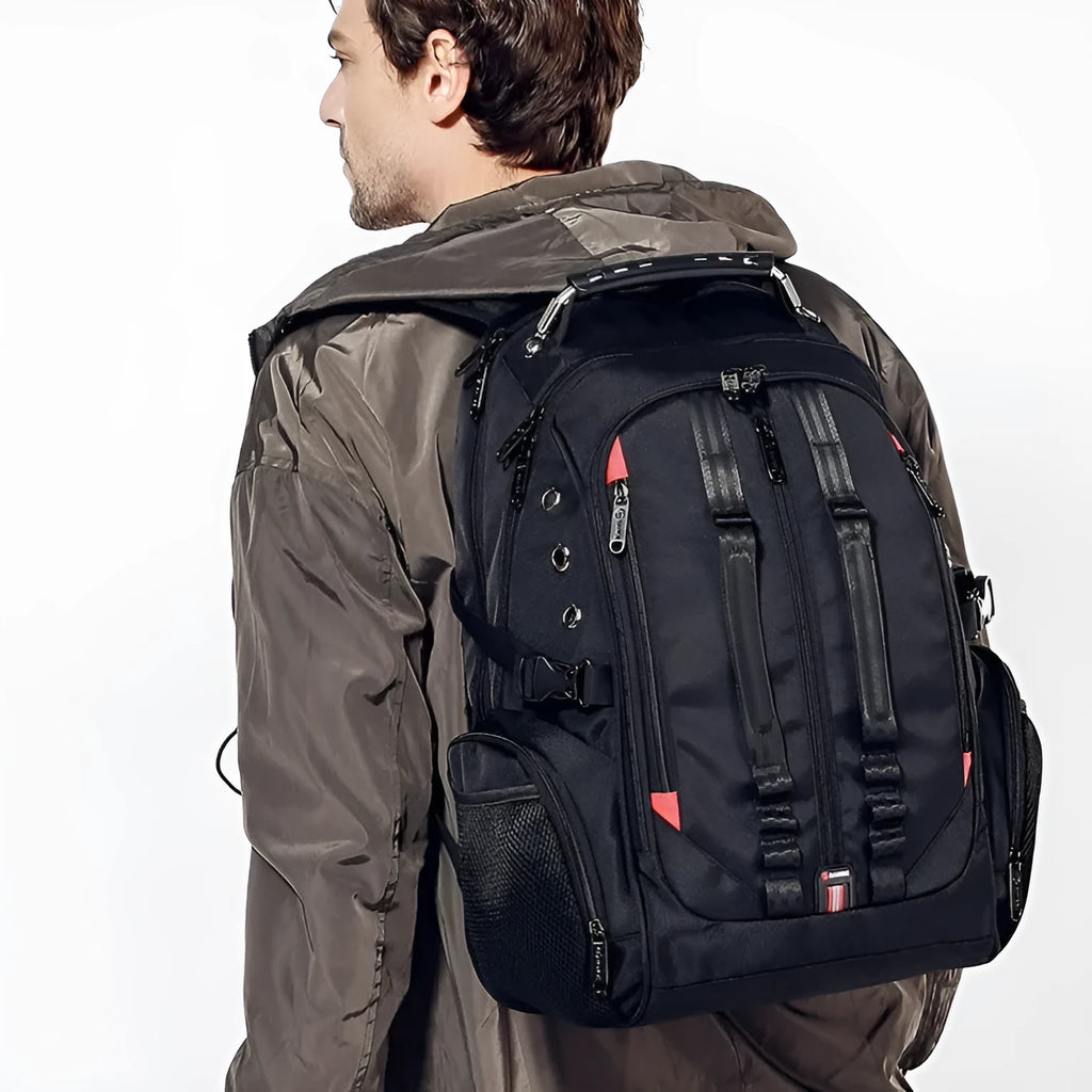 Black 16 inch Oxford cloth backpack with earphone hole, charging port, double shoulder straps and soft handle for notebook or tablet