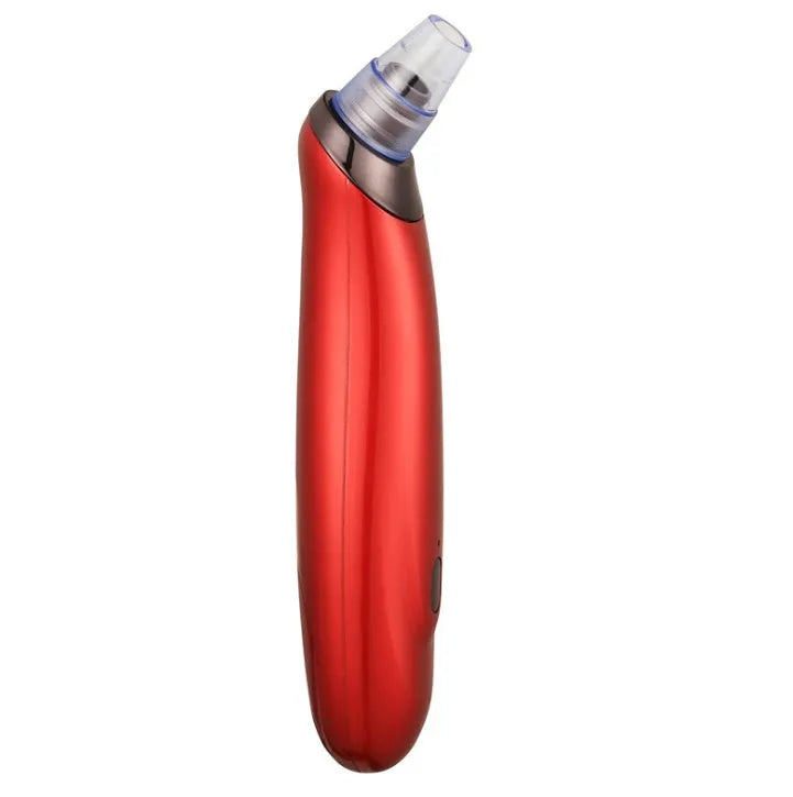Handheld electric blackhead remover device in black with multiple nozzle attachments.