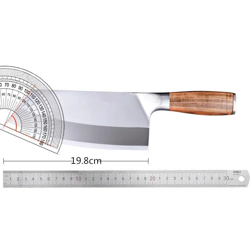 Stainless steel kitchen knife with yellow wooden handle and 19.8cm blade