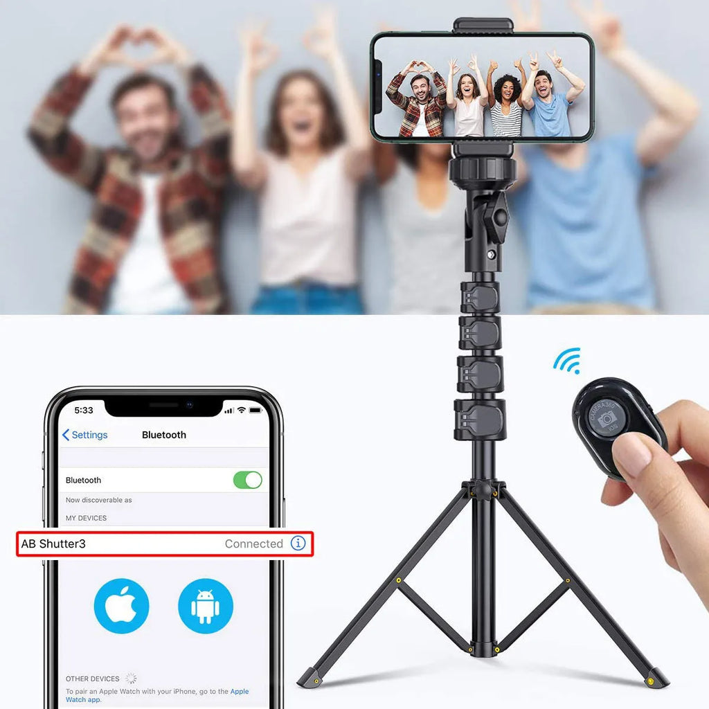 Black aluminium selfie stick tripod collapsed to 45cm height compatible with Apple iPhones