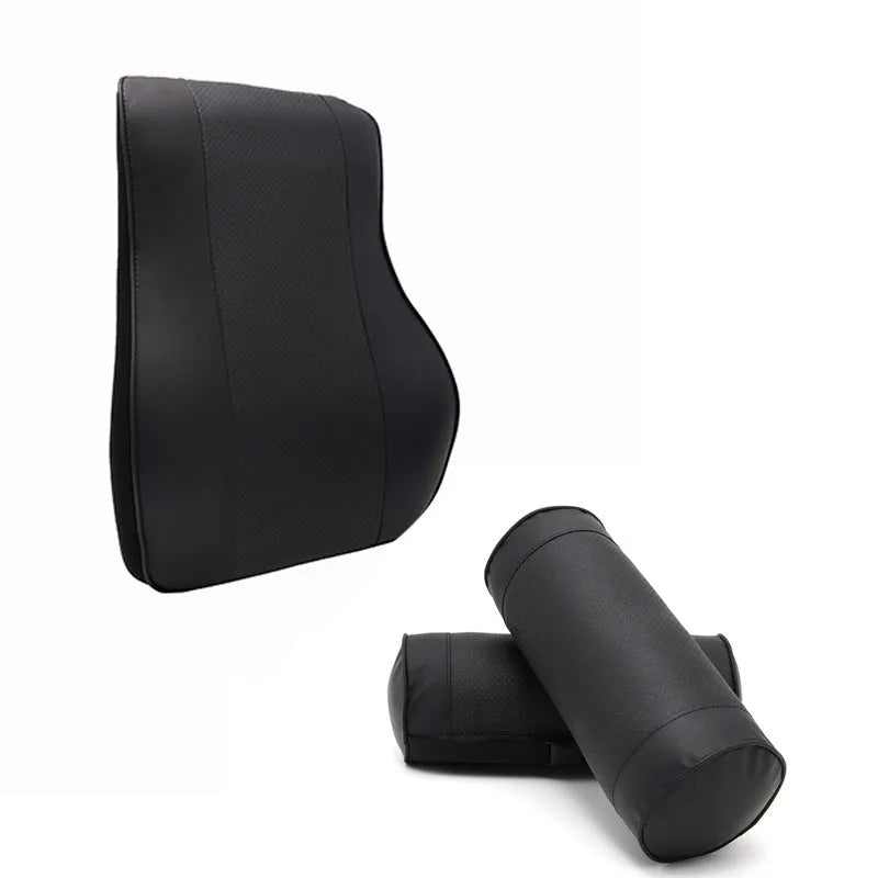 Leather cylindrical car seat pillow headrest with PP cotton filling and punching pattern, in beige, black, or brown.