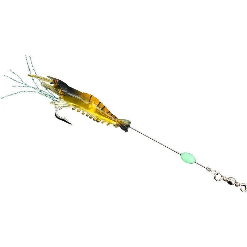Six soft luer fishing lures with 4cm hooks in assorted colours including luminous pink and black head yellow body