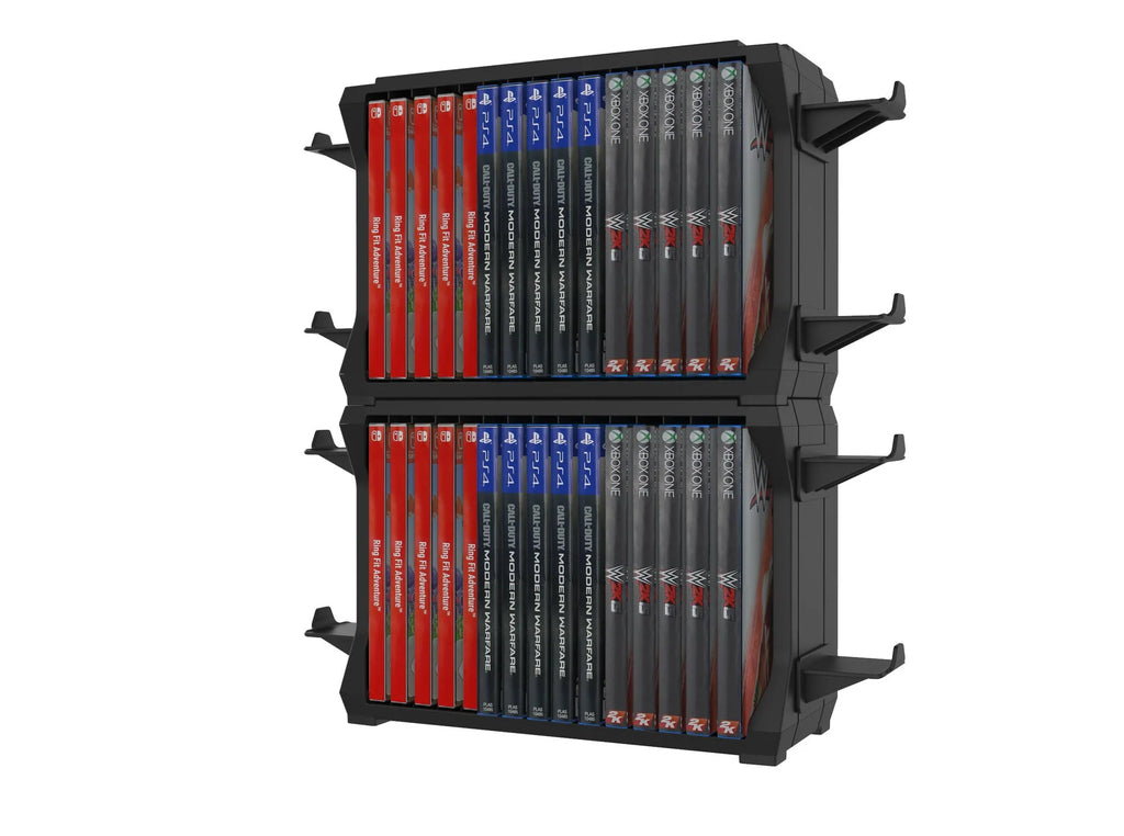 Black ABS PS5 disc holder storing game cases and four controllers for multiple consoles.