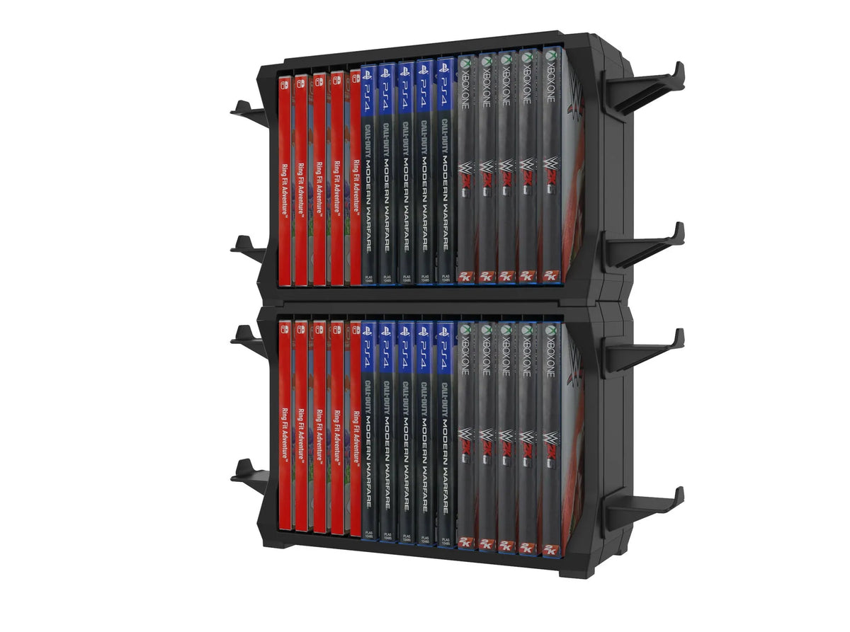 Black ABS PS5 disc holder storing game cases and four controllers for multiple consoles.