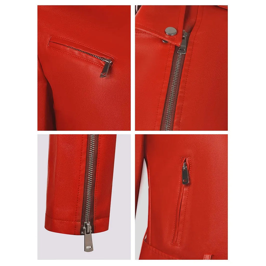 Women's red PU leather motorcycle jacket with belt lapel design on a hanger