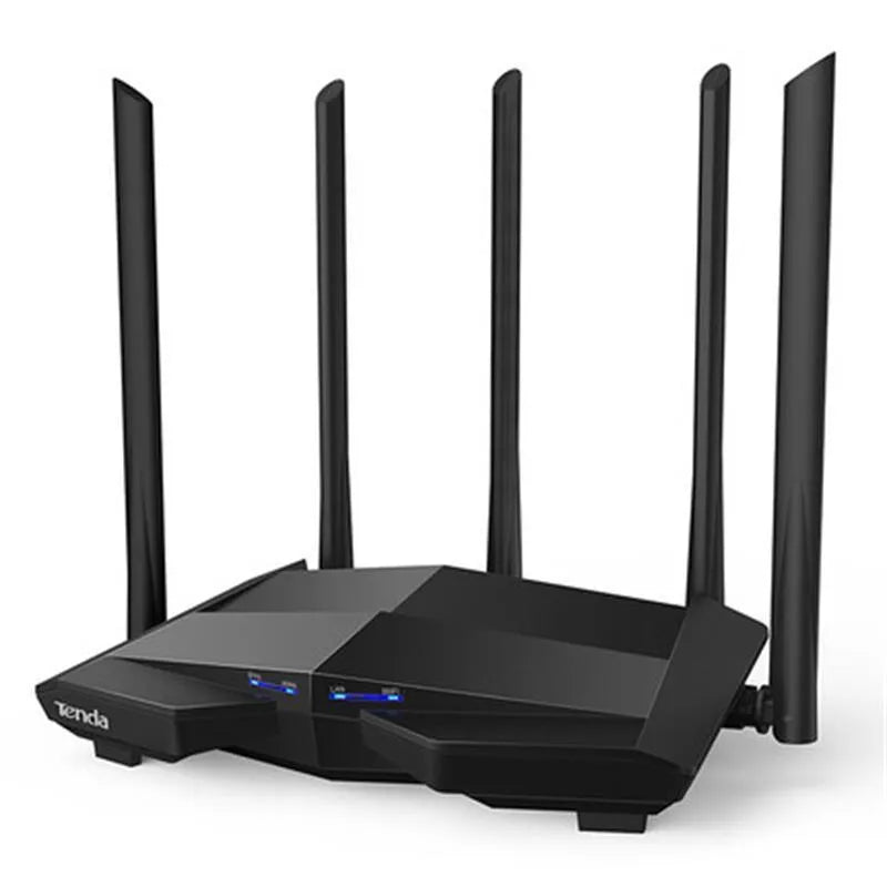 Black AC11 wireless router showing Gigabit WAN and LAN ports with 8-pin pure copper connectors.