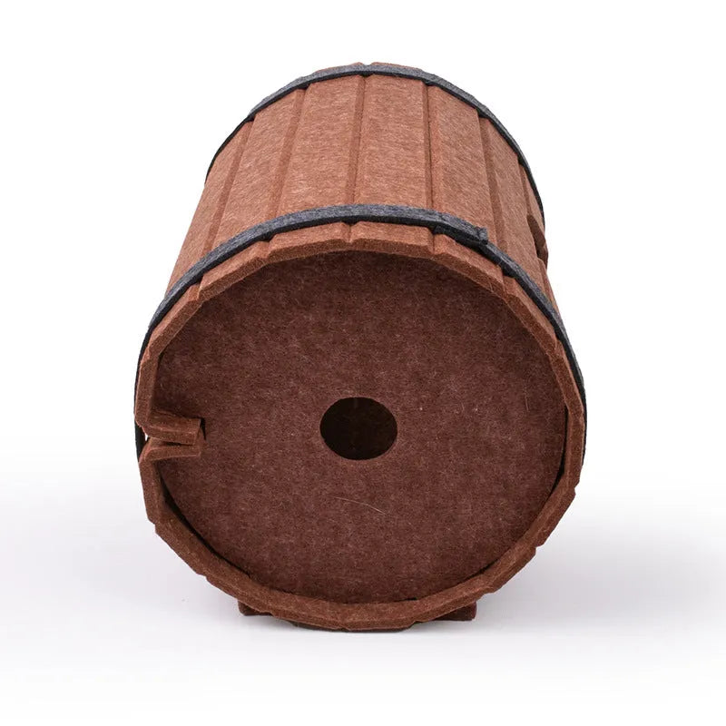 Assembled wine barrel shaped pet bed made from polyester fibre felt for cats