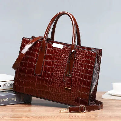 Women's black crocodile pattern cowhide shoulder bag with zip closure and silver tone hardware