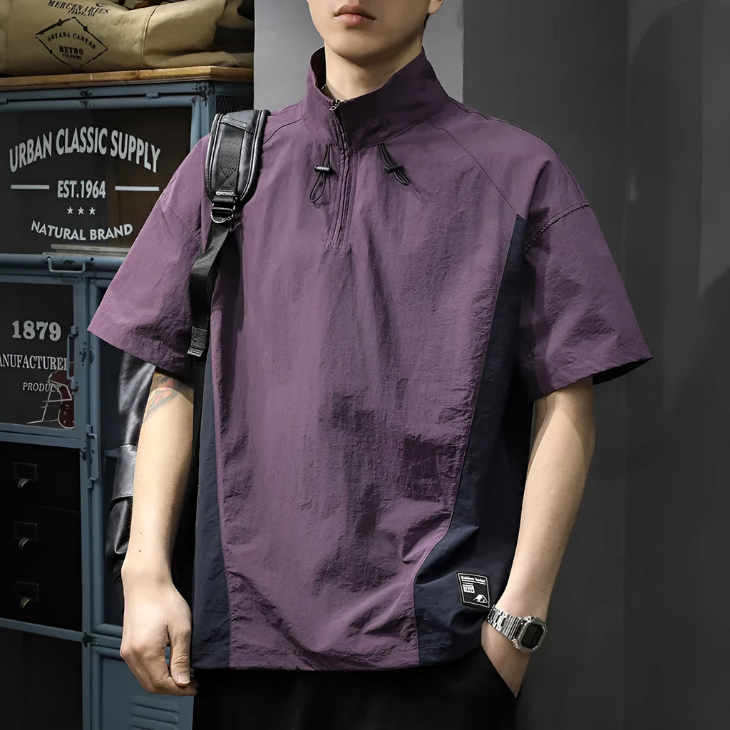 Brown men's casual short sleeve t-shirt with a half-zip stand collar, made from ice silk fabric.