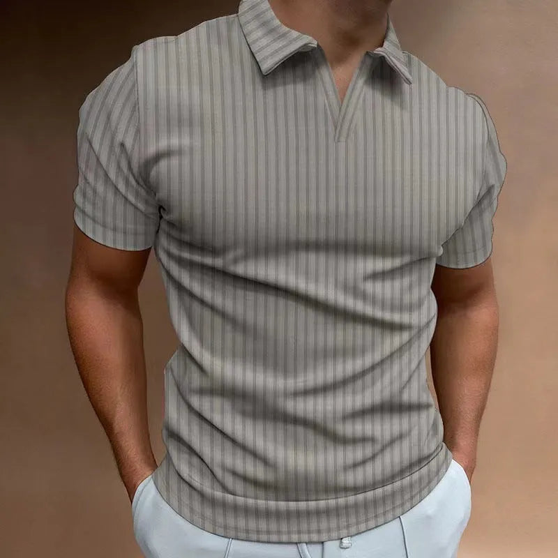 Men's striped V-neck summer polo shirt with elastic short sleeves in multiple colour options