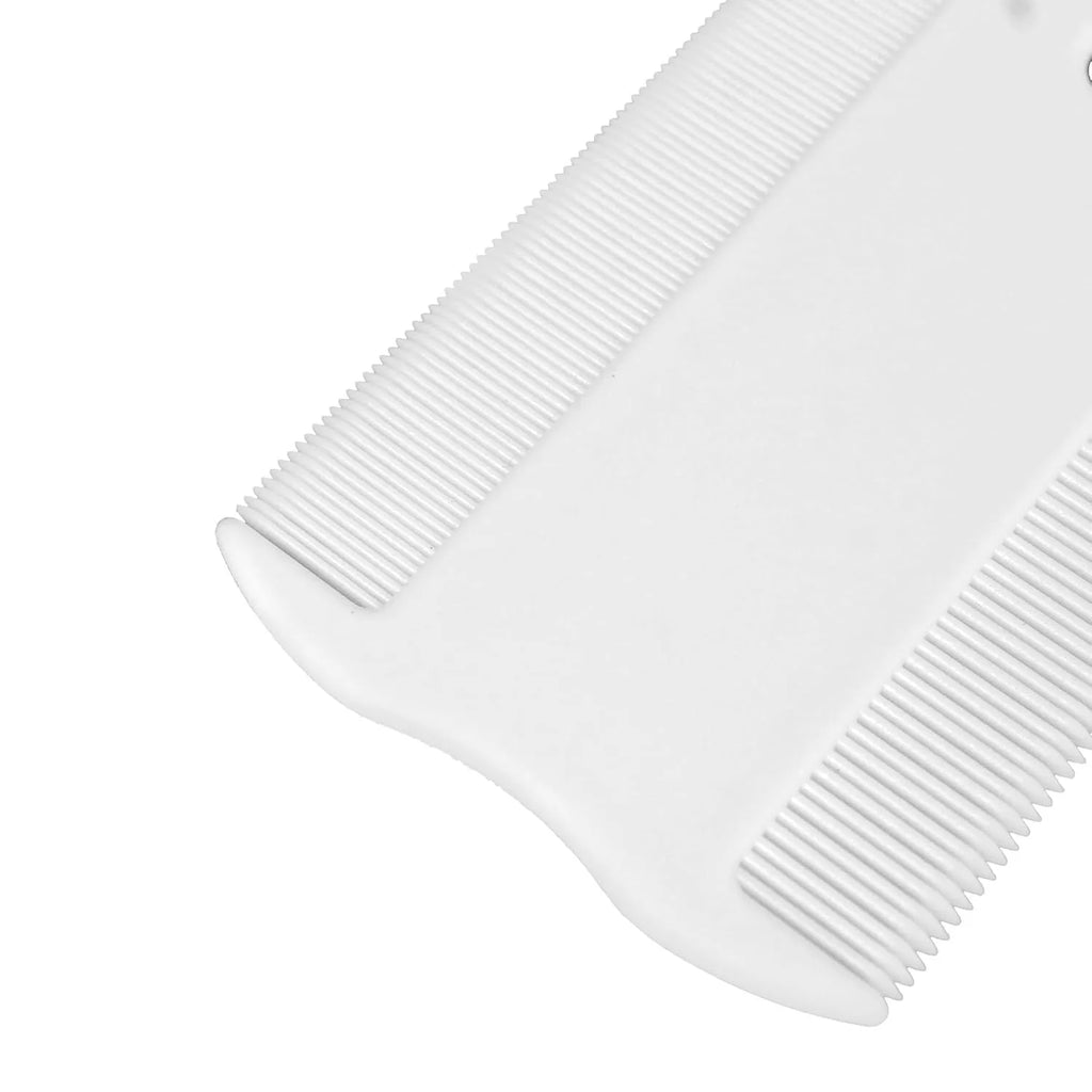 Double-sided plastic flea comb for pets showing dense teeth and compact size