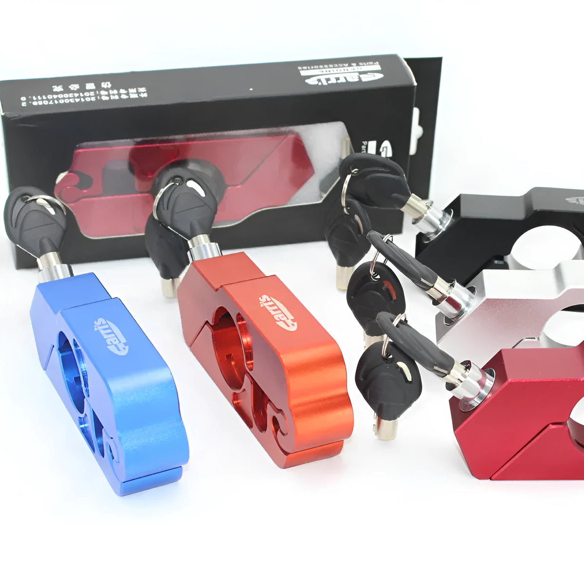 Motorcycle handlebar lock in CNC aluminium alloy, 14.7 cm long, shown in black with two wrenches