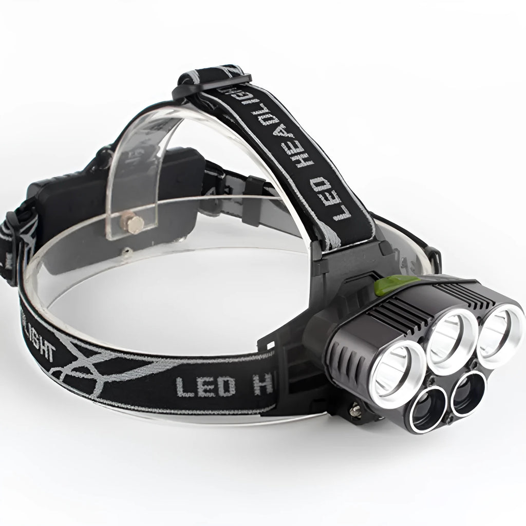 Fixed focus LED head torch for outdoor camping with long-range illumination.