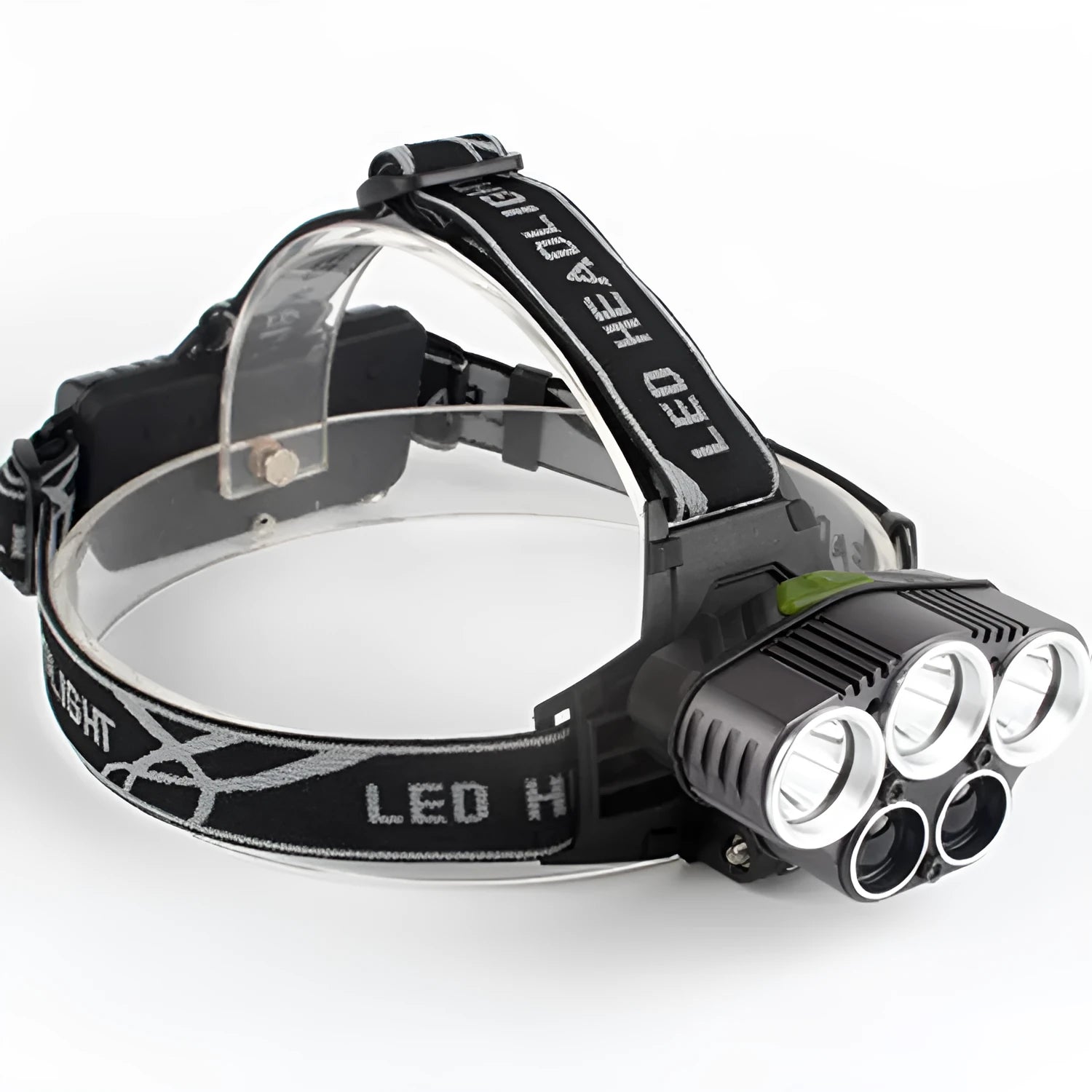 Fixed focus LED head torch for outdoor camping with long-range illumination.