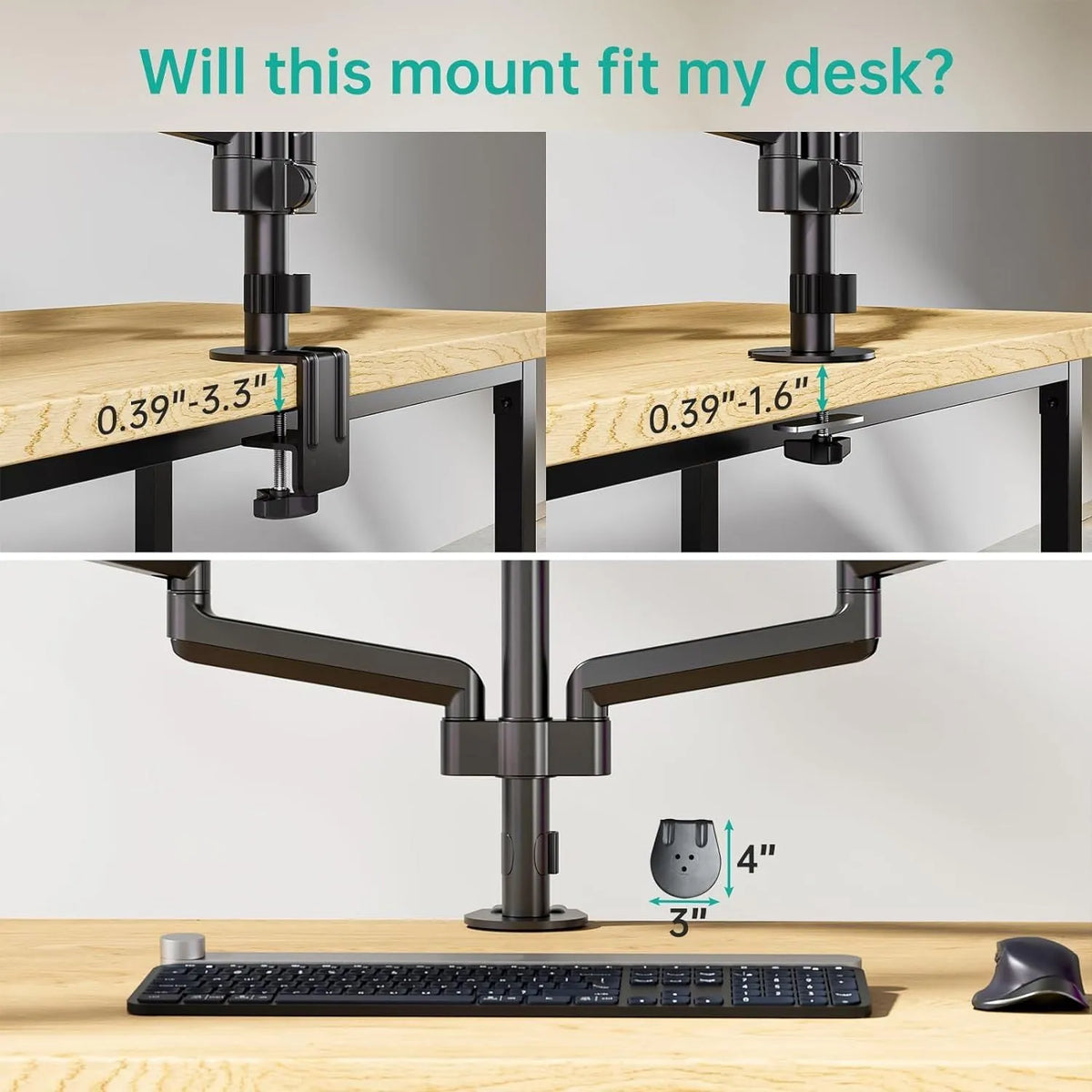 Black three-arm gas spring monitor mounting arm for 13-27 inch screens on a desk.