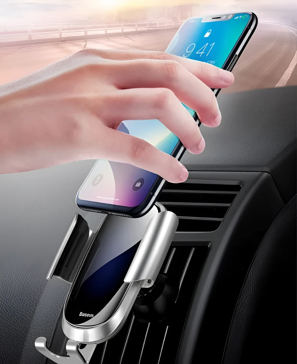Smart car bracket mobile phone holder mounted in vehicle with adjustable clamp and one-touch opening mechanism