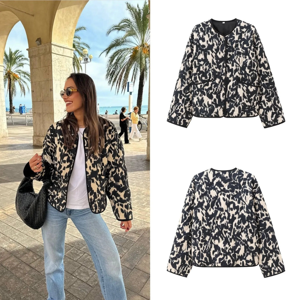 Women's printed snap-button long-sleeved jacket in three colour styles polyester fabric