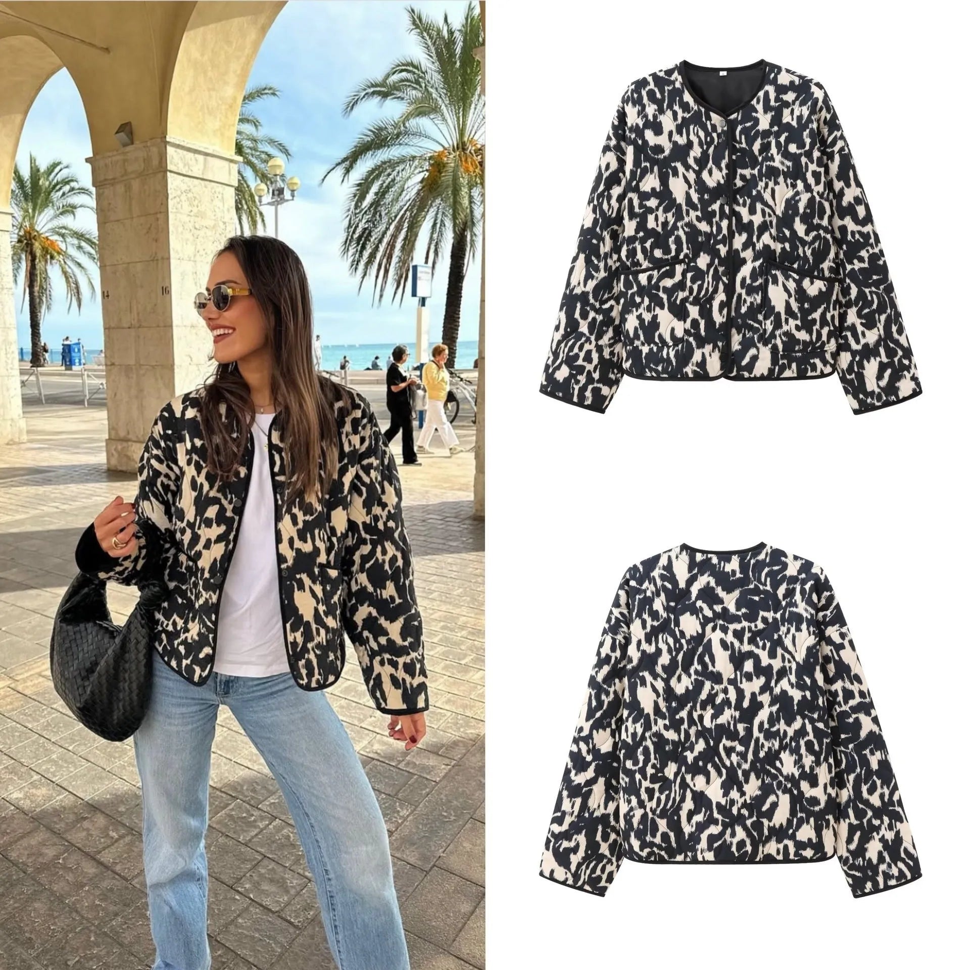 Women's printed snap-button long-sleeved jacket in three colour styles polyester fabric