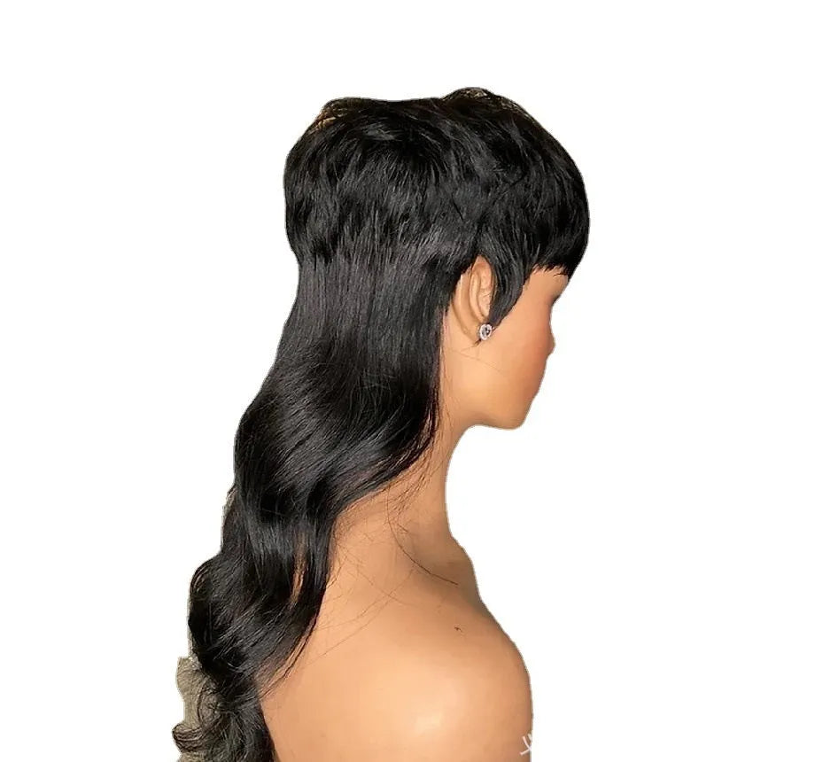 Black synthetic Brazilian wig with straight bangs and long back length.