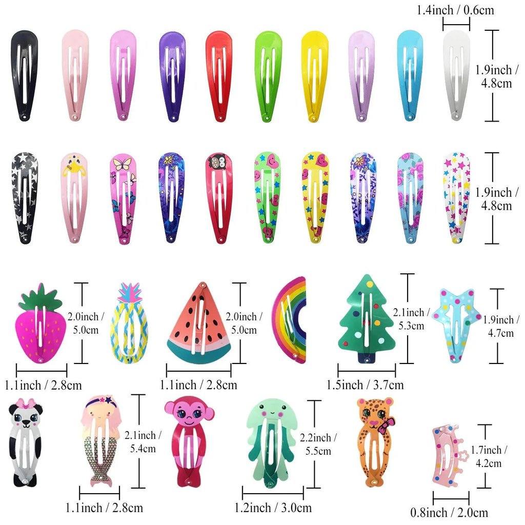 Assortment of 100 metal snap hair clips in candy colours including animal, fruit, crown and star shapes.