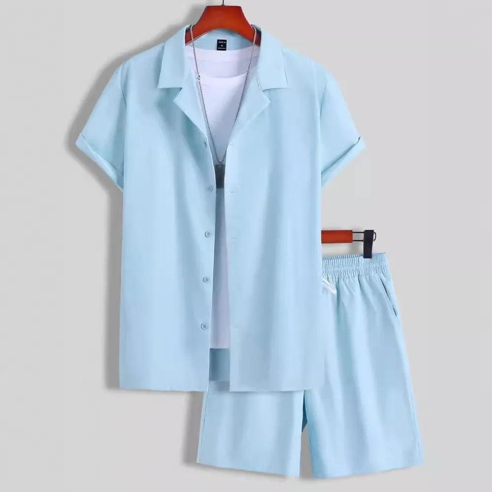 Men's short sleeve Cuban collar sport shirt and matching shorts in lightweight polyester fabric