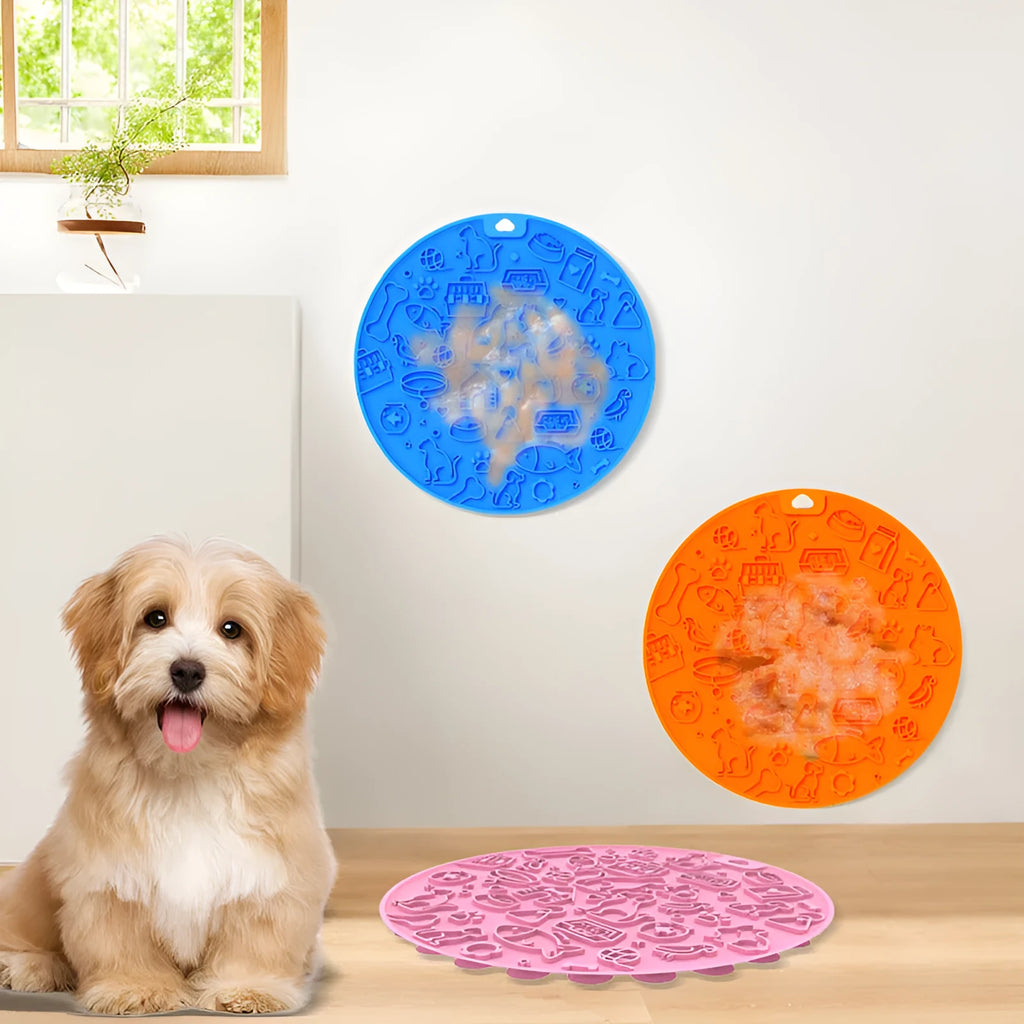 Round silicone pet licking mat with suction cup, shown in blue colour option.