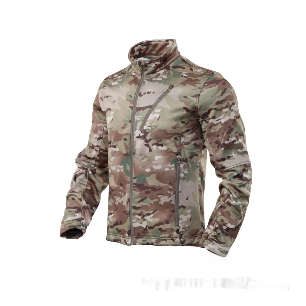 Man wearing a camouflage fleece coat in a woodland setting, showing the Scorpion All Terrain pattern and coat design.