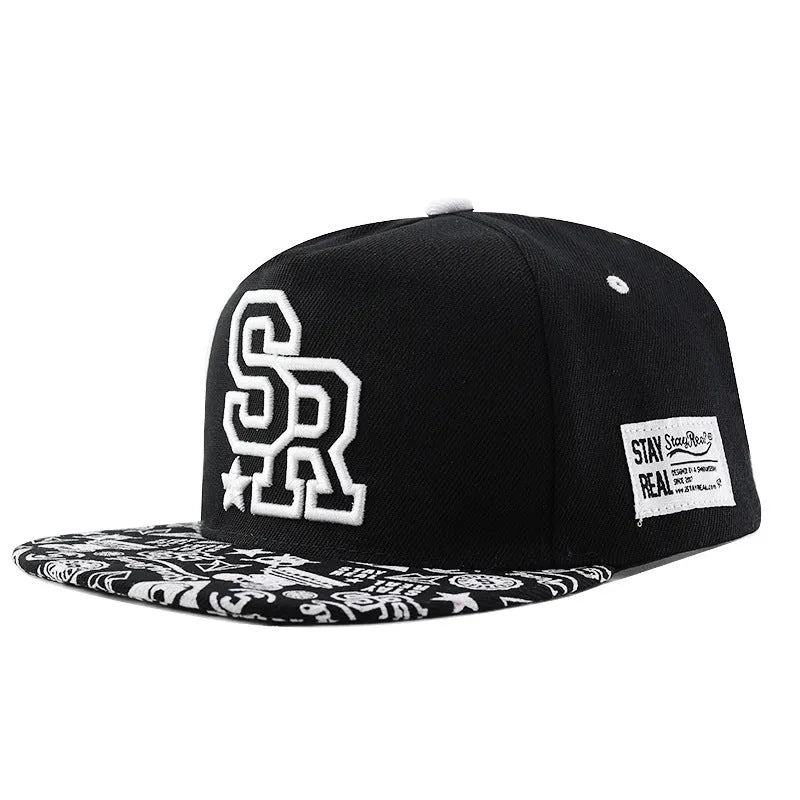 Cotton baseball cap with letter embroidery in black or white with adjustable strap