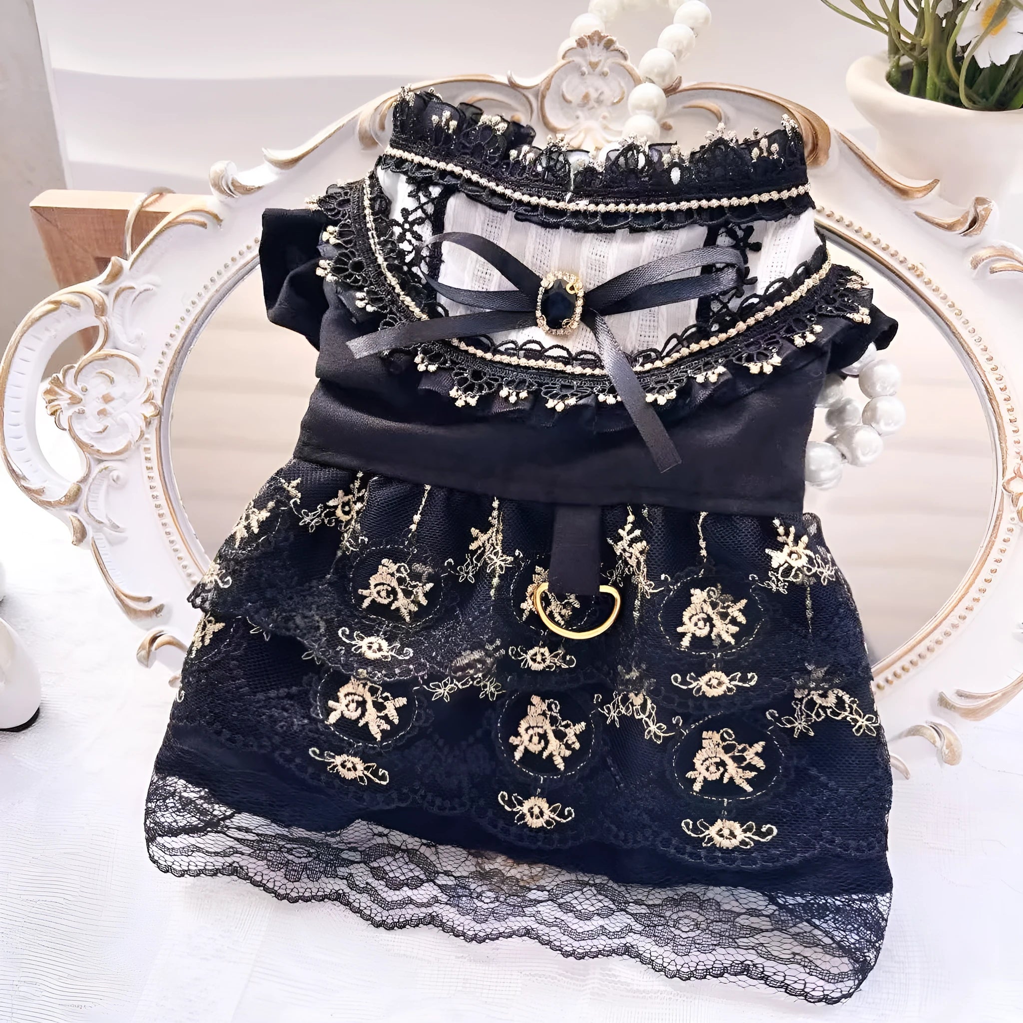 Golden gothic princess style skirt dress for a small dog or cat on a mannequin.
