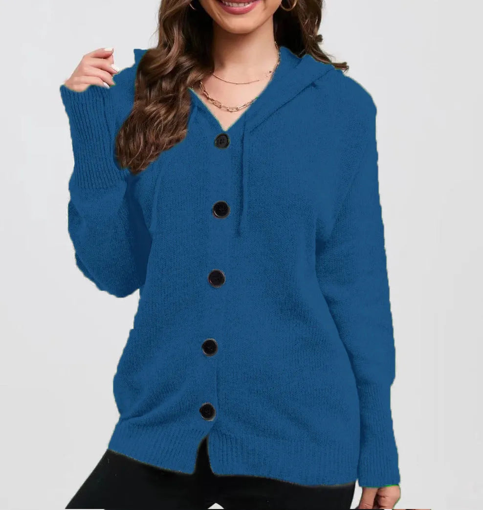 Women's solid colour hooded cardigan sweater in a loose fit, shown in one of six available colours.