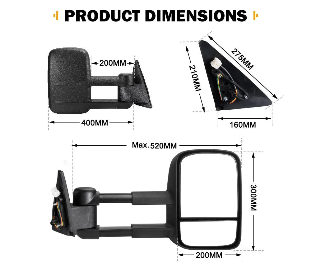 Black foldable towing mirror pair for Toyota Land Cruiser 100 98-07 models