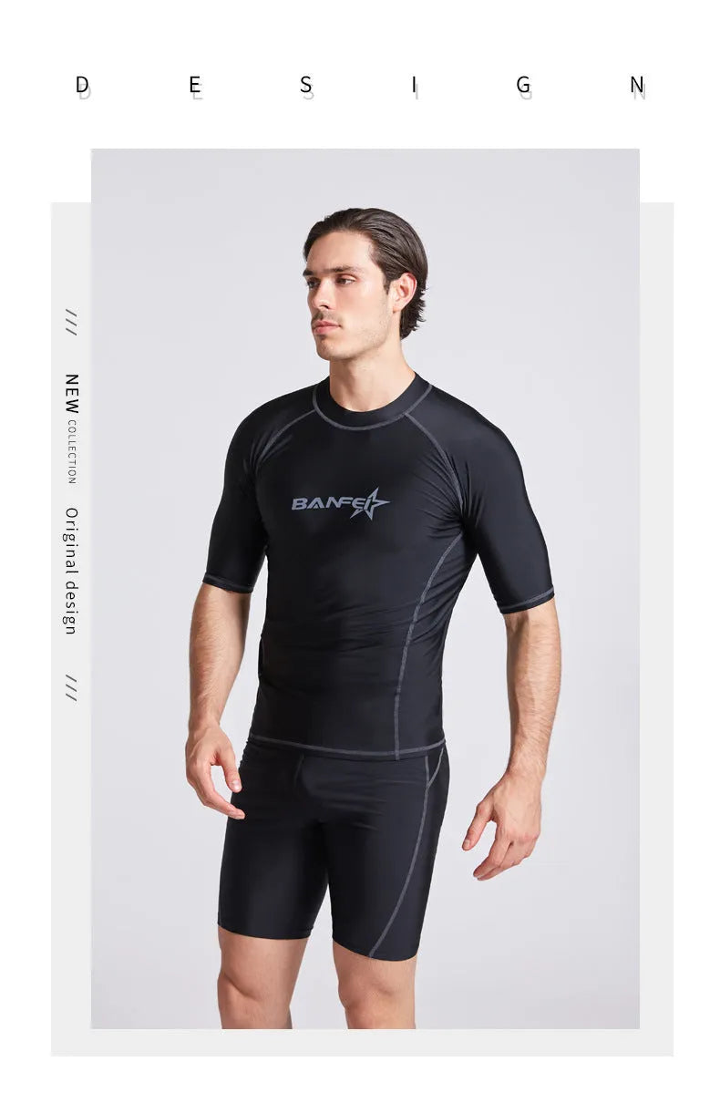 Men's quick-drying half sleeve swimsuit set in nylon fabric with matching swim pants