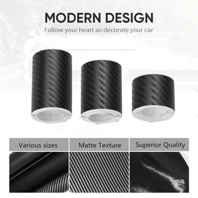 Roll of matte black 3D carbon fibre adhesive tape for protecting car door sills, showing width options.