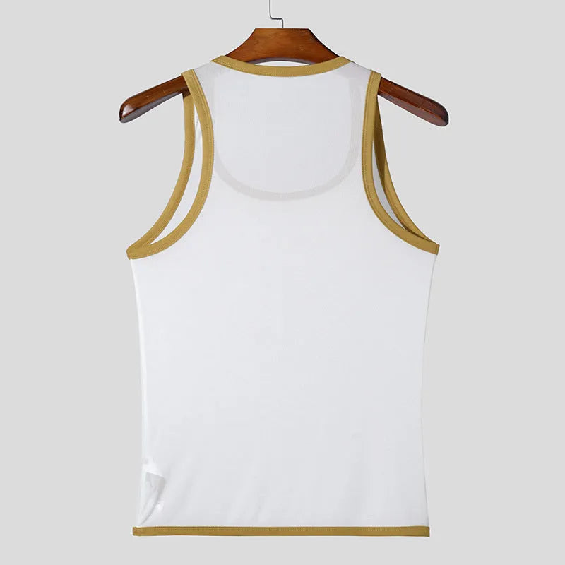 Men's black polyester mesh fitness vest with sleeveless design and straight hem laid flat.