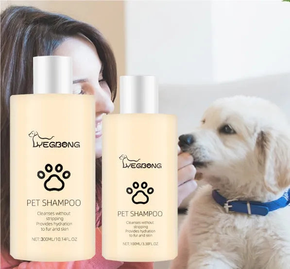 Bottle of dog shampoo for cleaning and softening fur while reducing tangles