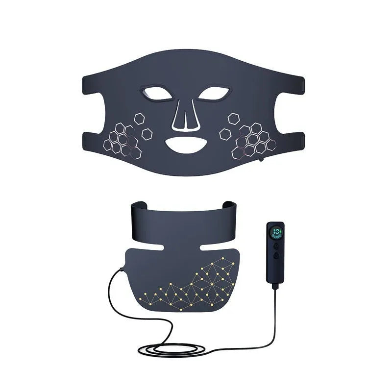 Black LED photon beauty mask with neck extension showing four-colour light therapy panels