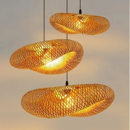 Natural bamboo straw hat shaped hanging chandelier ceiling light on white background.