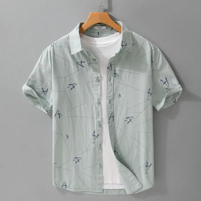 Letter printed short sleeve shirt in pure cotton, loose cardigan style, white light pink or light green