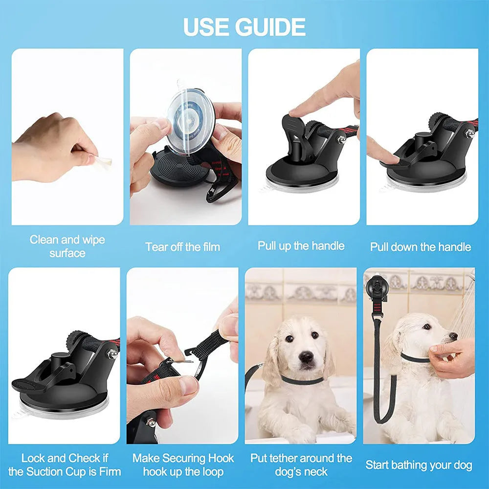 Pet bathing restraint system with suction cups and handcuff-style ties in black and blue colour options