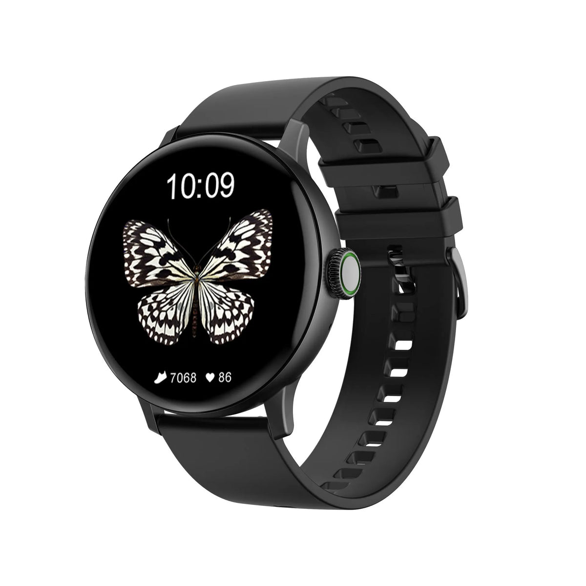 Bluetooth smart bracelet showing a 1.2-inch screen on a wrist, with a magnetic charging cable nearby.