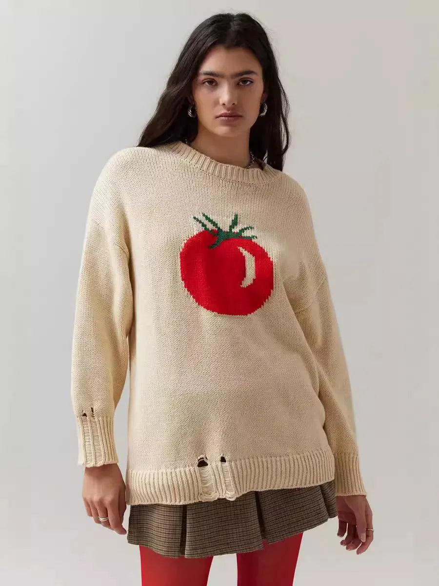 Women's milky white acrylic jacquard knit pullover sweater with round neck and long sleeves.