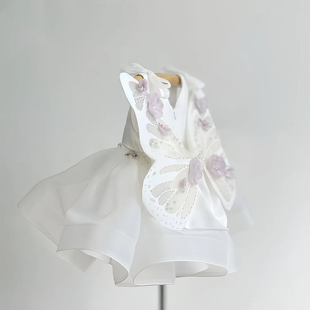 White girls pettiskirt dress with butterfly wings, polyester outer and cotton lining, sizes 80cm to 140cm